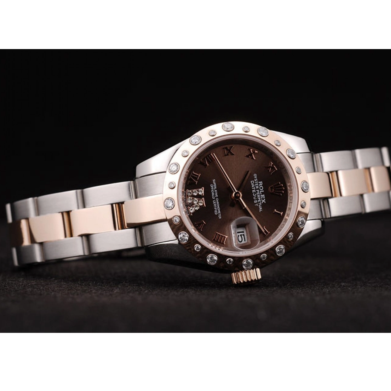 Aaa fake watches Case Brushed DateJust Diamond Plated Brown Stainless Dial Rolex Steel 0822